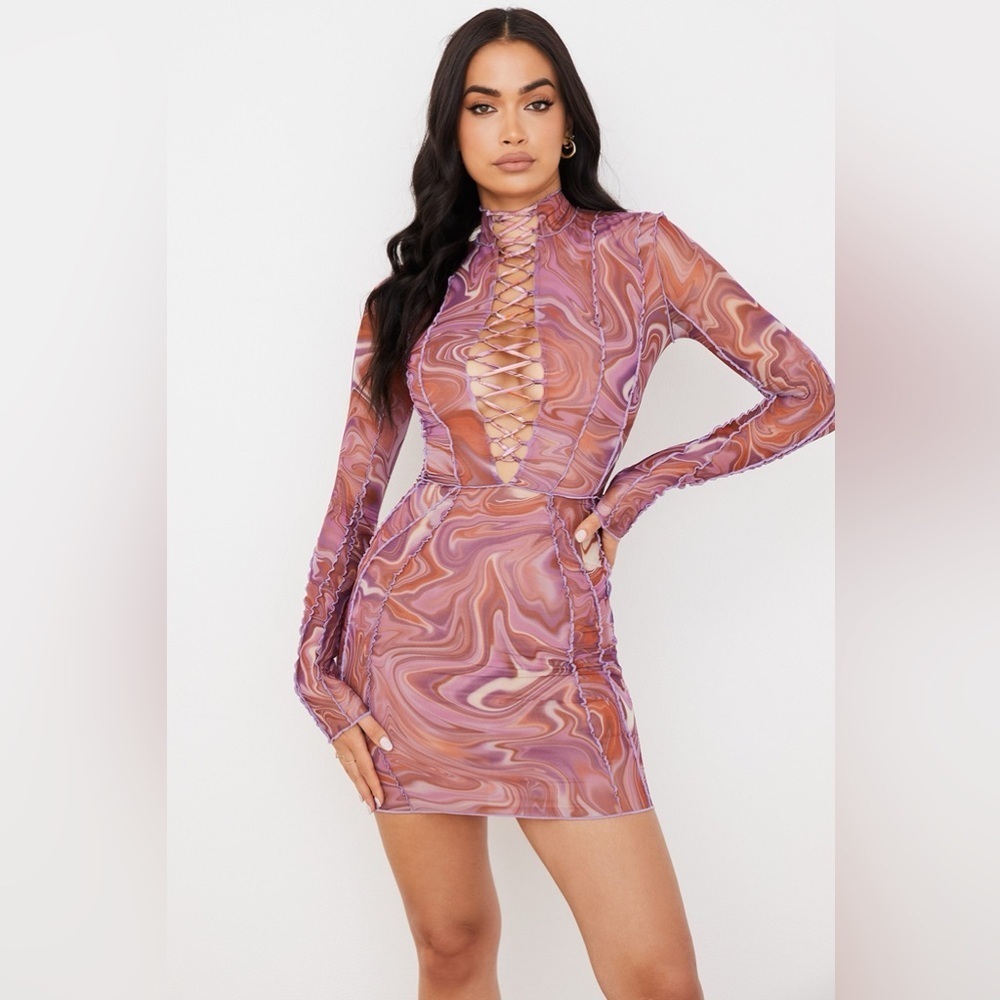 House of CB Dylan Purple Printed Mesh Lace Up Mini Dress Size Small